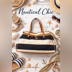 Tommy Hilfiger Nautical Stripe Canvas Tote Bag Anchor Charm